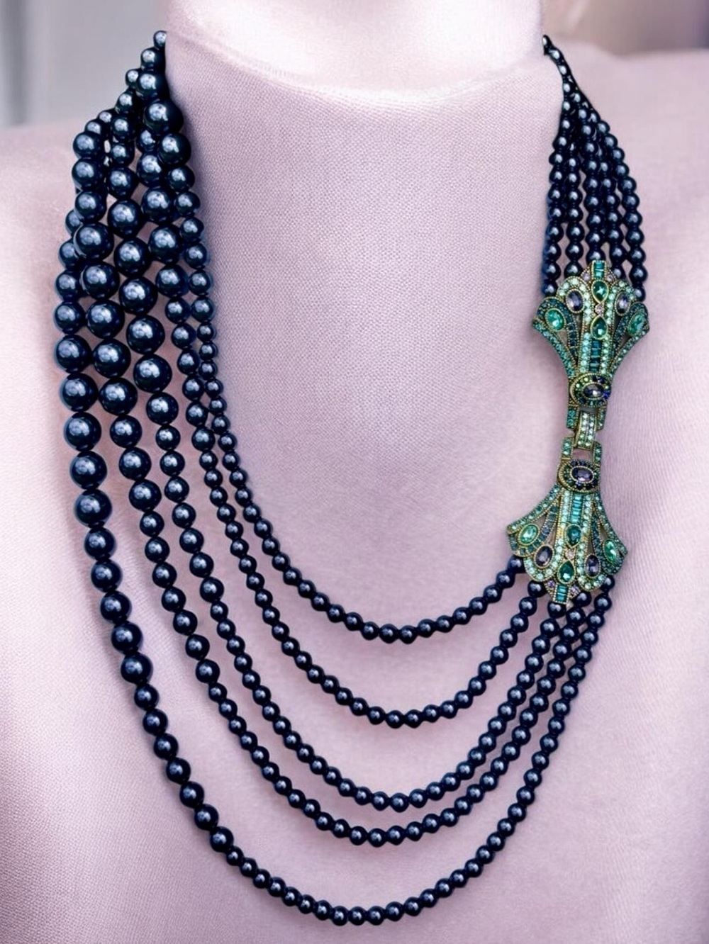 Heidi Daus  multi strand navy pearl necklace with Swarovski crystal clasp NIB - Picture 11 of 16